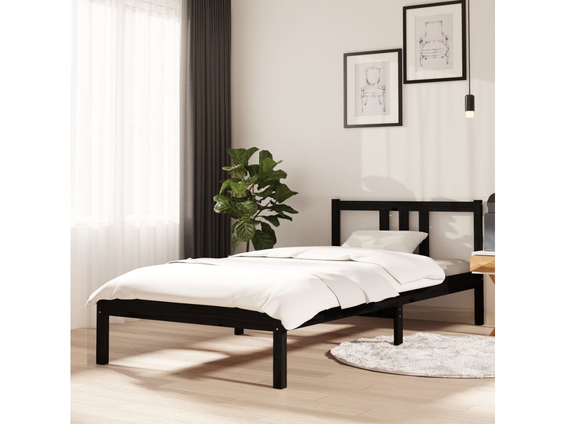 vidaXL Estrutura de cama 90x200 cm madeira maciça preto Worten pt