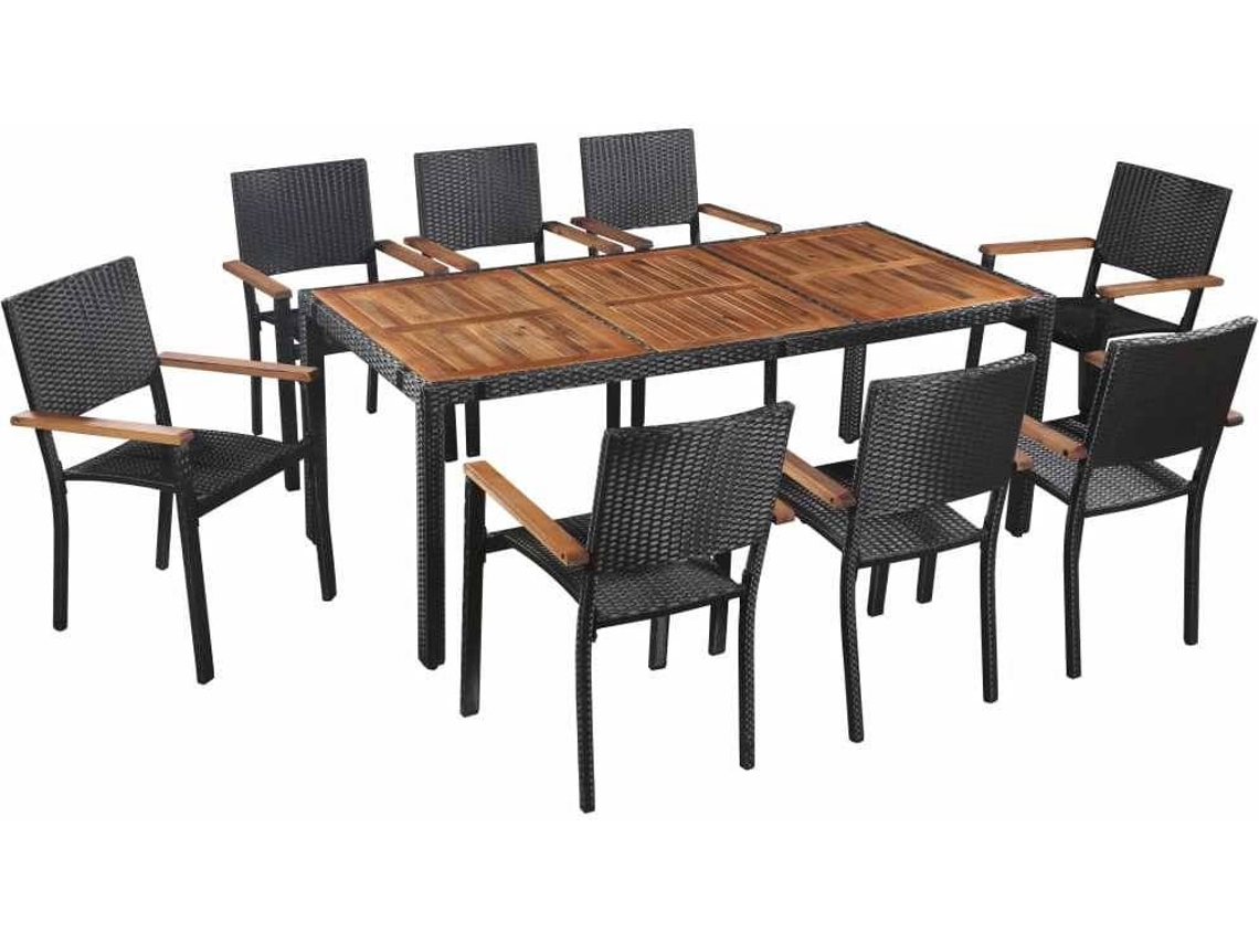 vidaXL 9 pcs conjunto jantar exterior vime PE e madeira acácia preto