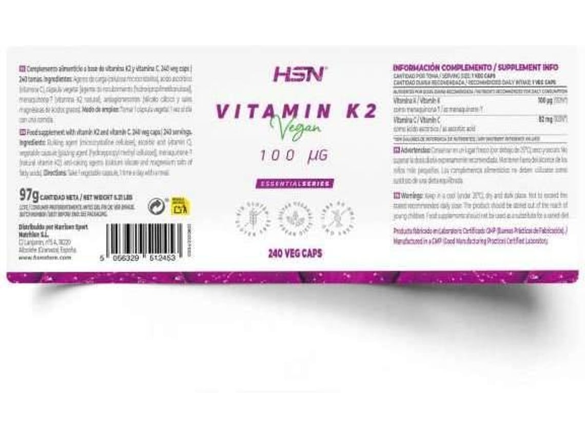 Suplemento Alimentar HSN Vitamina K2 240 Veg Caps Worten Pt