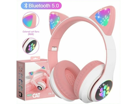 Auscultadores Bluetooth  5.0 com Orelhas de Gato Rosa Sem Fio Estéreo com Led para Crianças e Meninas Dobrável