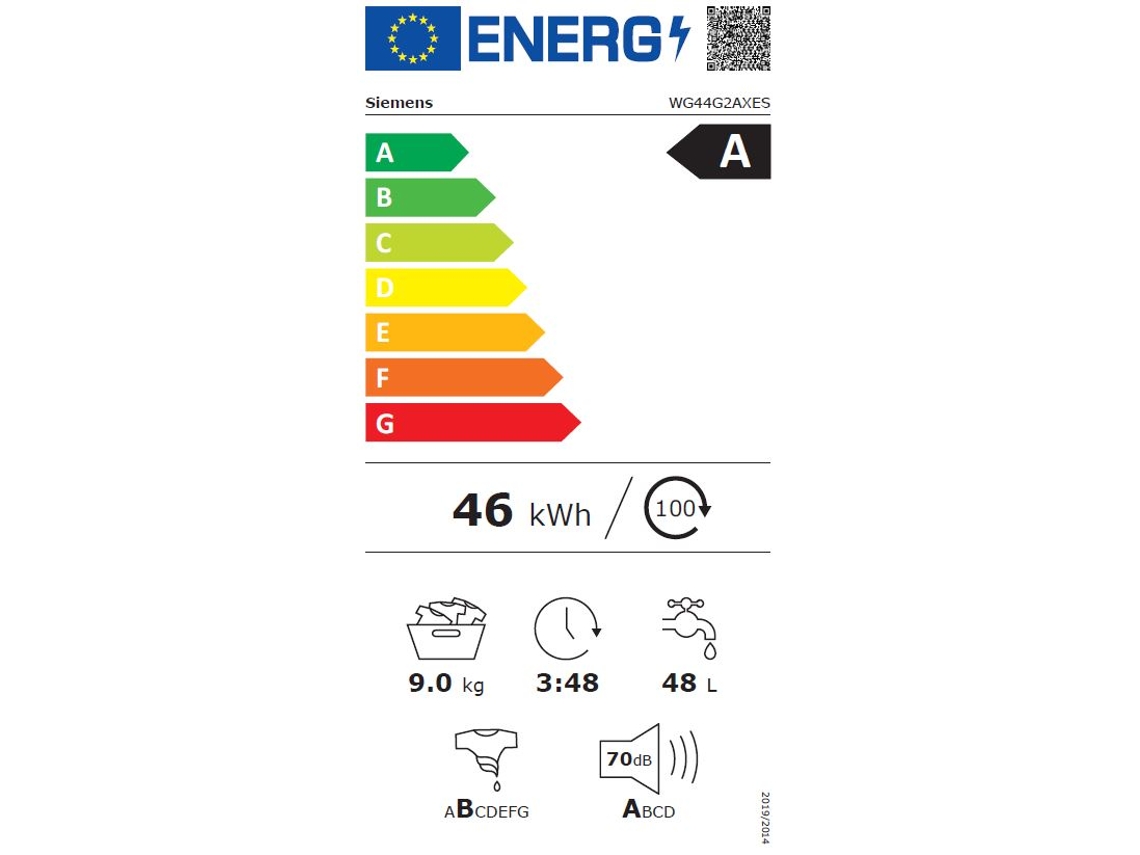 ▻ Lavadora Siemens WG44G20XES Acero Inoxidable Antihuellas, 9kg 1400rpm, Motor iQdrive, Display LED, Pausa + Carga, Clase A