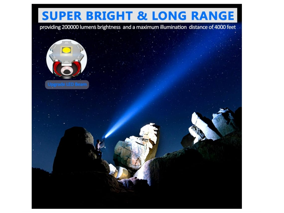 Lanterna Lanterna Recarregável de 200.000 Lúmens com Display Digital de  Bateria Zoom 5 Modos Preto BISBISOUS