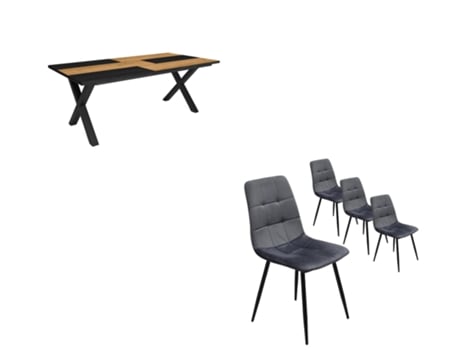 Conjunto Móveis Mesa de Sala de Jantar 200 Oak e Black Industrial Mesa Jantar Conjunto de 4 Cadeiras de Jantar Cadeira Estofada DUERMETE ONLINE