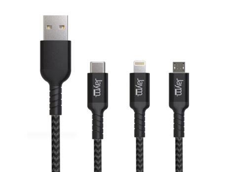 Cabo JAYM 1,5 Metros - Usb-A A 3 Salidas : Lightning, Type-C Y Micro Usb - Garantíade Vida - Ultra Reforzado - Fabricado En Fibra Dupont Kevlar