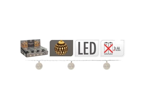 GRINALDA BRANCO QUENTE 10 LEDS COM BOLAS BRANCAS (2,5M) A PILHAS IP20 2,5M