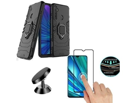 Kit Capa, Película de Vidro Temperado 5D e Suporte Magnético Auto Realme 5 PHONOCARE Militar Preto