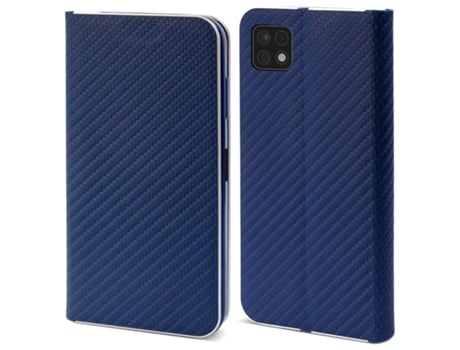 Capa Tipo Carteira MOOZY para Samsung A22 5G Carbono Azul Escuro – Capa Flip com Design de Borda Metálica e Fecho Magnético com Suporte para Cartão