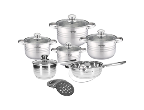 CHEFFINGER Conjunto de Cozinha 4 Caçarolas/1 Caçarola/1 Panela e 2 Suportes para Caçarola Prateado