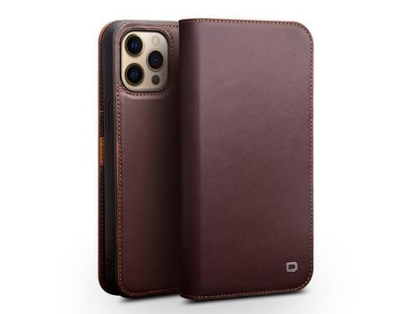 Capa de couro genuíno QIALINO o com suporte marrom para iPhone 13 Pro Max 6.7