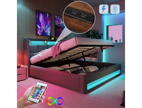 Cama de Casal Estofada Usb Led Ripas Metálica EHSTMIND Linho Cinzento (160x200cm)