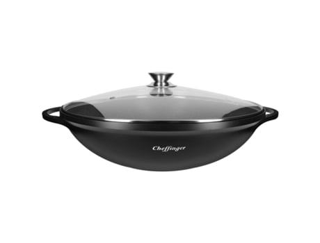 CHEFFINGER Wok com Tampa de Vidro e Revestimento Antiaderente Efeito Mármore 40 Cm Preto