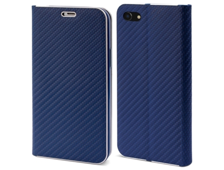 Capa Tipo Carteira MOOZY para Iphone Se 2020 Iphone 7 Iphone 8 Carbono Azul Escuro – Proteção de Borda Metálica com Fecho Magnético e Suporte Para