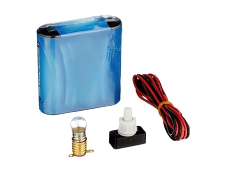 Kit eléctrico escolar, set para el colegio, pila petaca 4.5v, interruptor 220v, cable y bombilla.