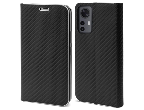 Capa Carteira MOOZY para Xiaomi 12 e Xiaomi 12X Capa Flip em Carbono Preto com Design de Borda Metálica e Fecho Magnético com Suporte para Cartão E