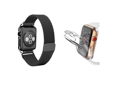 Kit Bracelete Milanese com Fecho Magnético + Capa Proteção Total para Apple Watch Series 7 41Mm Preto