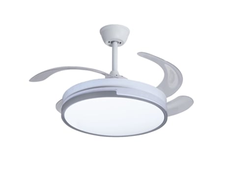 Ventilador PLUMAX com acabamento branco/cinza, tecnologia LED e controle remoto com temporizador AKUNADECOR