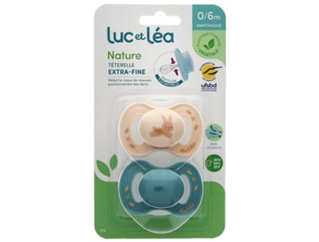 LUC ET LÉA Nature 2 Chupetas Anatómicas Téterelle Extra-Finas 0-6 meses Modelo Coelho Bege e Azul