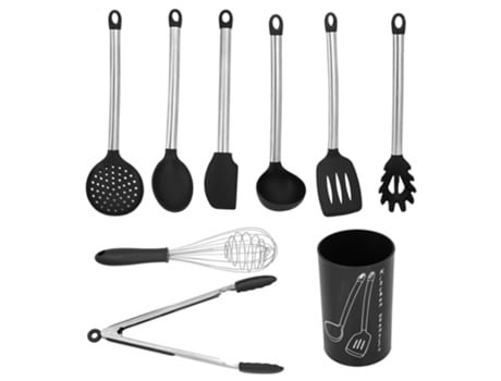 Conjunto de 9 Utensílios de Cozinha de Silicone com Cabo de Aço Inoxidável