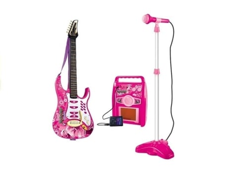 Guitarra elétrica infantil rosa com microfone e amplificador