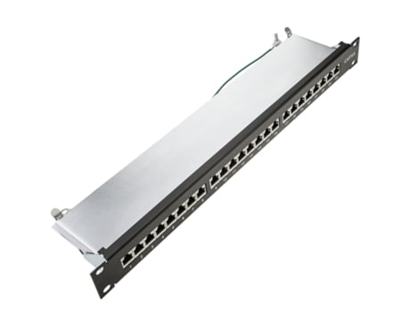 Patch panel rack 24 RJ45 Cat.6A FTP 1U preto com pente para gerenciamento de cabos  RACKMATIC