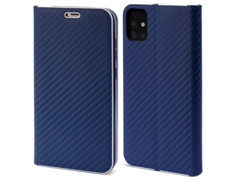 Capa Tipo Carteira MOOZY para Samsung A51 Carbono Azul Escuro – Proteção de Borda Metálica com Fecho Magnético e Suporte para Cartão