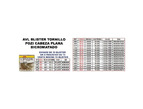 Avl blister tornillo pozi c-plana 3,0x20 bicromatado 2929 (caja 15 unidades)