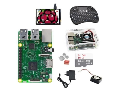 RASPBERRY PI 3 Modelo B Sd 64Gb Teclado Sem Fio Estojo Ventilador Adaptador 5V/2.5 Display Lcd de 3.5 Polegadas Dissipador de Calor