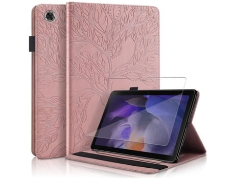 Capa de Vidro Temperado + Tablet para Samsung Galaxy Tab A8 10,5 2021 Capa de Couro Pu com Compartimentos para Cartões Árvore de Ouro Rosa