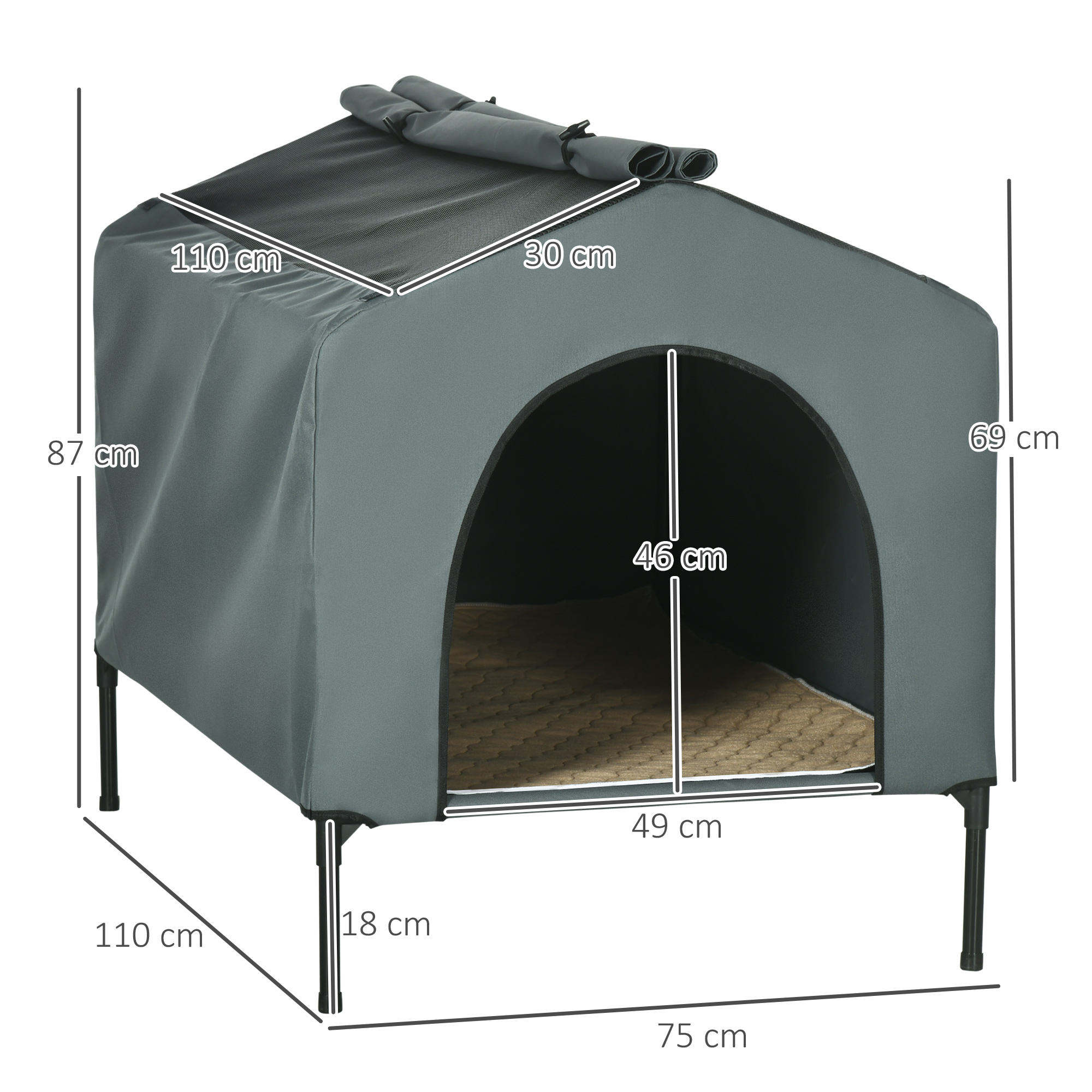 Casa para Cães com Cobertura Exterior 110x75x87 cm Cama Elevada