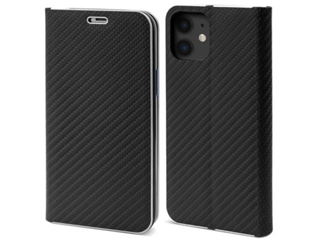 Capa Tipo Carteira MOOZY para Iphone 11 Carbono Preto – Proteção de Borda Metálica com Fecho Magnético e Suporte para Cartão