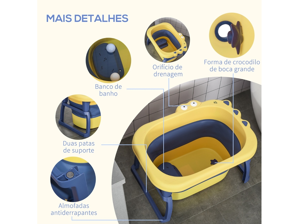Banheira Dobrável para Bebé HOMCOM Azul e Amarelo Polipropileno (PP), TPE  75,3x55,4x43cm_400-016YL