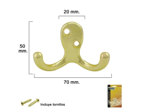 Gancho doble latonado para atornillar con tornillos incluidos.