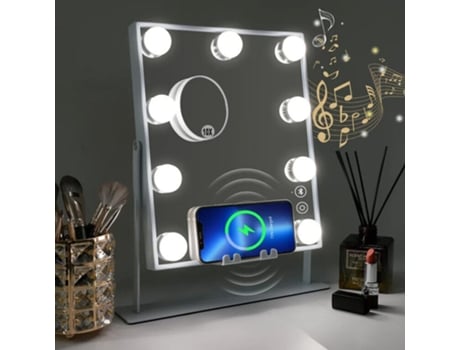 Espelho De Maquilhagem Bluetooth Hollywood Com Luzes 9 Led Com Carregamento Sem Fio 25X30Cm Rotação De 360 VANITII