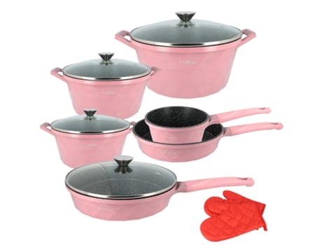 CHEFFINGER Conjunto de Cozinha 10 Peças 3 Caçarolas/2 Frigideiras/1 Panela Padrão Diamante Rosa