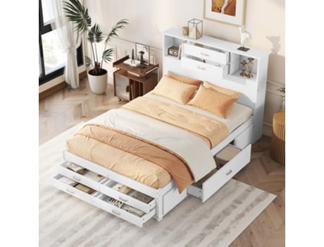 Cama com Cabeceira e Gavetas UYTIE HOME MDF Branco (121x140X200CM)