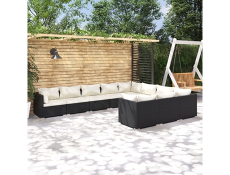 Conjunto Lounge de Jardim com Almofadões Vime Pe Preto 10 Un