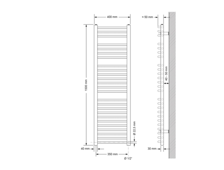 Radiador Elétrico de Casa de Banho com Barra de Aquecimento 900W 400X1500 Mm Cromado Curvo com Ligação Lateral LUXEBATH