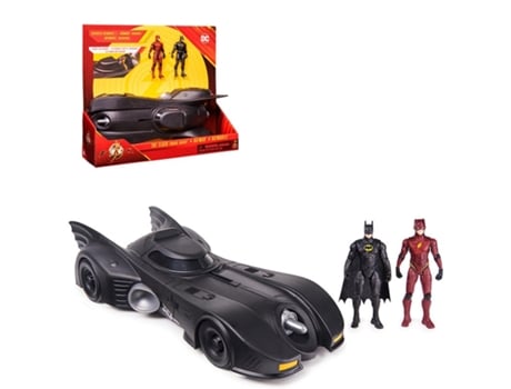 Veículo Batmóvel + figuras Flash e Batman DC Comics 10cm