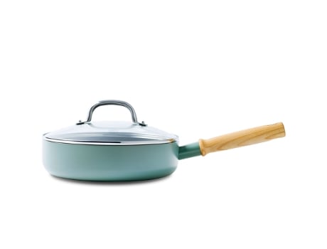 Frigideira de Cerâmica Saudável Antiaderente GREENPAN Mayflower com Tampa de 24 Cm 1.6 L Cabo de Madeira Vintage Sem Pfas Indução Azul Fumê