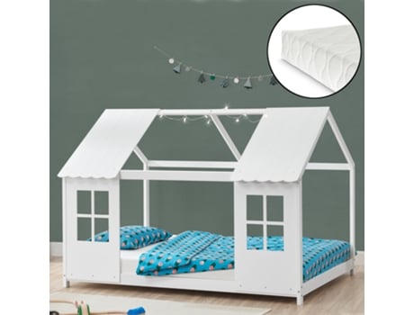 Cama infantil Tostedt em forma de casa com janelas e colchão 120 x 200 cm pinho - Branco [EN.CASA]