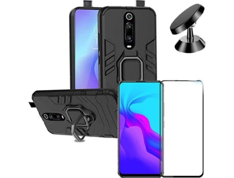 Kit Capa, Película de Vidro Temperado 5D e Suporte Magnético Auto Xiaomi Mi 9T Pro PHONOCARE Militar Preto