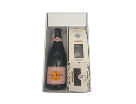 White Gift Box – Veuve Clicquot -1 Rosé 75 cl – Cacaotines (1x150g) and Sauternes Raisins (1x100g) MAISON GUINGUET