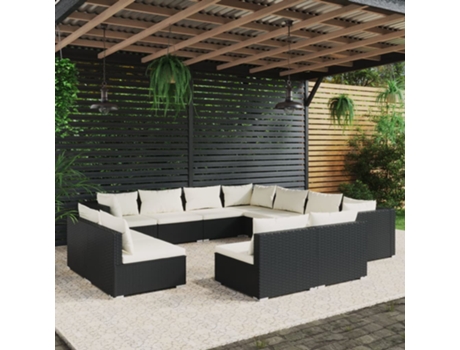 Conjunto Lounge de Jardim com Almofadões Vime Pe Preto 11 Un