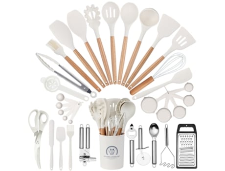 Conjunto de Utensílios de Cozinha 34 Peças Conjunto de Panelas Resistentes Ao Calor de Silicone com Cabo de Madeira-Branco VENISYMLIS