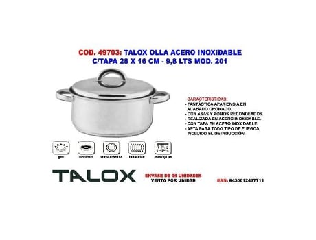 Talox olla acero inox 18/8 c/tapa 28 x 16 cm - 9,8 lts mod. 201