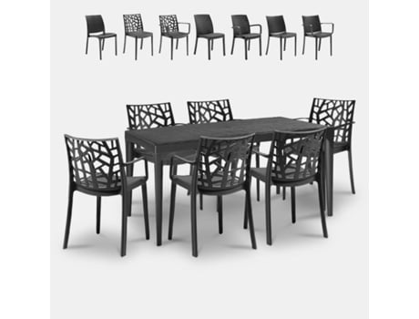 Conjunto de Mesa de Jantar para Jardim 150X90Cm 6 Cadeiras Exterior Preto Sunrise Dark BICA