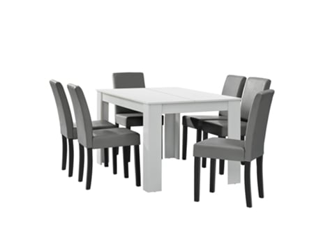 Mesa de Jantar Branca Mate com 6 Cadeiras Cinza Brilho Estofadas em Polipiel 140X90 cm 030004021 MOBIKASA