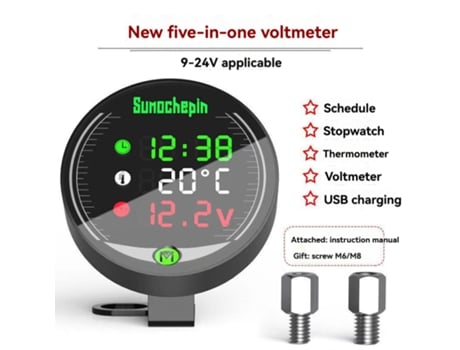 Painel Multifuncional para Motocicleta 5 em 1 Relógio Eletrônico Cronômetro Termômetro Voltímetro Carregamento Usb MAOYI