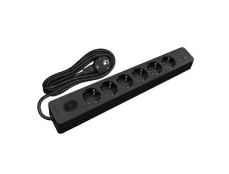 Multiplicador SELDUR G6Th32S 6 Tomadas Tipo F + Interruptor Usb A+C Carregamento Rápido 20W Preto Cabo de 3M