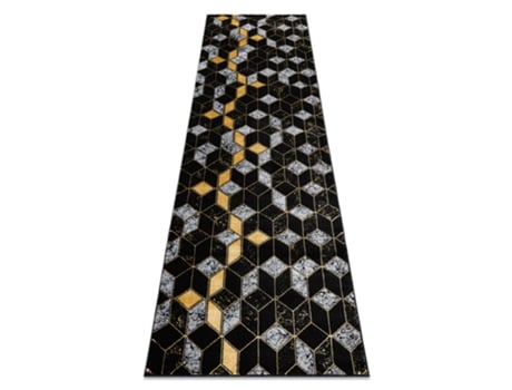 Tapete, Passadeira Gloss Moderno 400B 86 À Moda, Glamour, Art Deco, 3D Geométrico Preto / Ouro (80 x 300 cm)